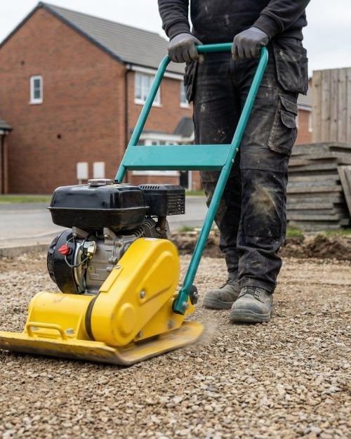 Construction worker compacting a gravel driveway with a 400mm petrol wacker plate compactor - Plate Compactor Hire London