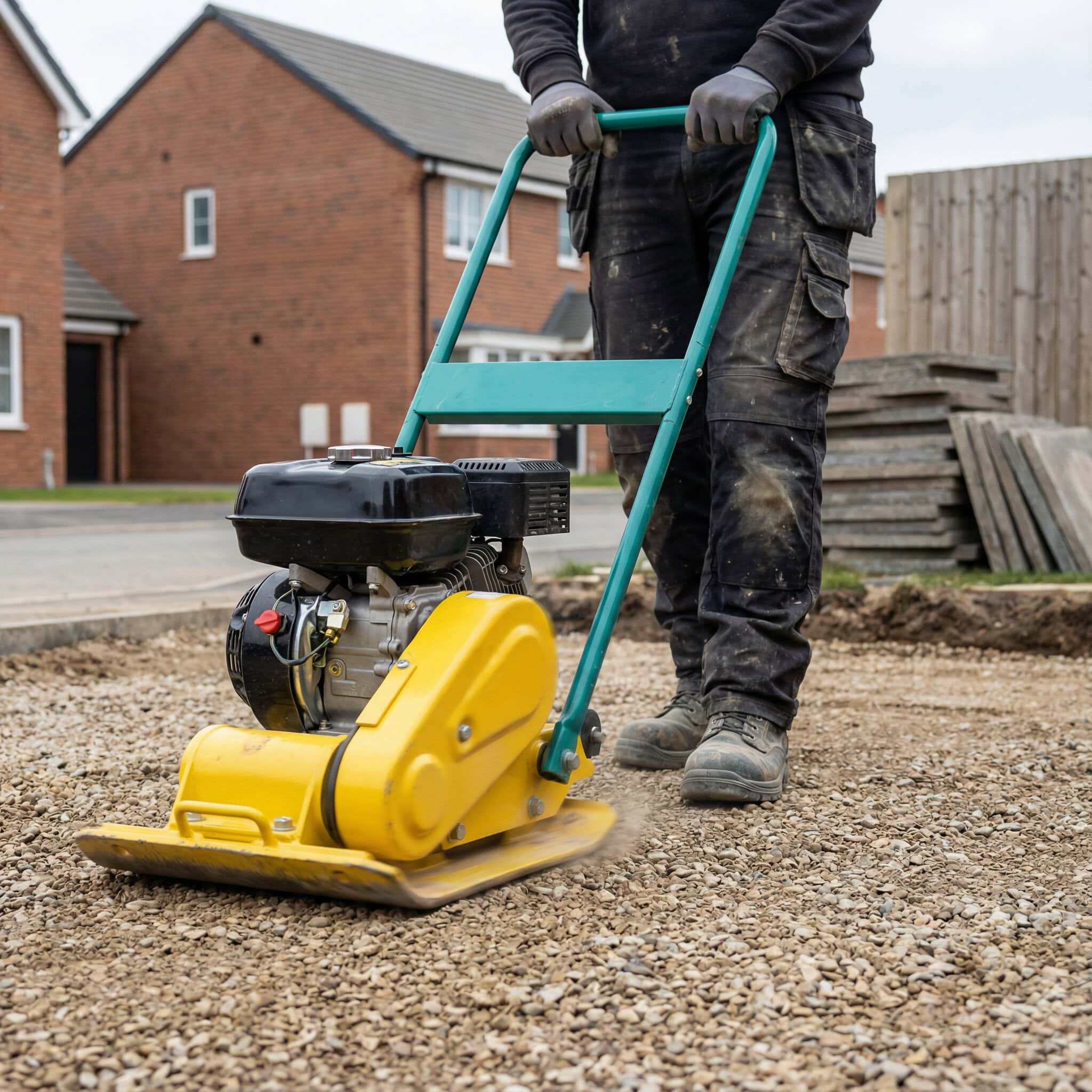 Plate Compactor Hire London | Belle PCX 13/40 Petrol Wacker Plate (400mm) 1 Construction worker compacting a gravel driveway with a 400mm petrol wacker plate compactor - Plate Compactor Hire London