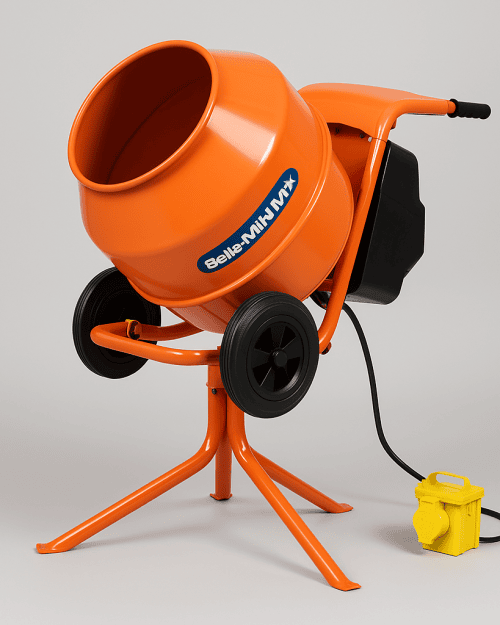 Belle Minimix 150 electric cement mixer in use on a busy construction site
