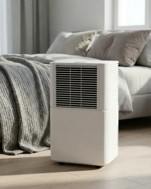White compact domestic dehumidifier running in a bedroom to reduce humidity and prevent damp