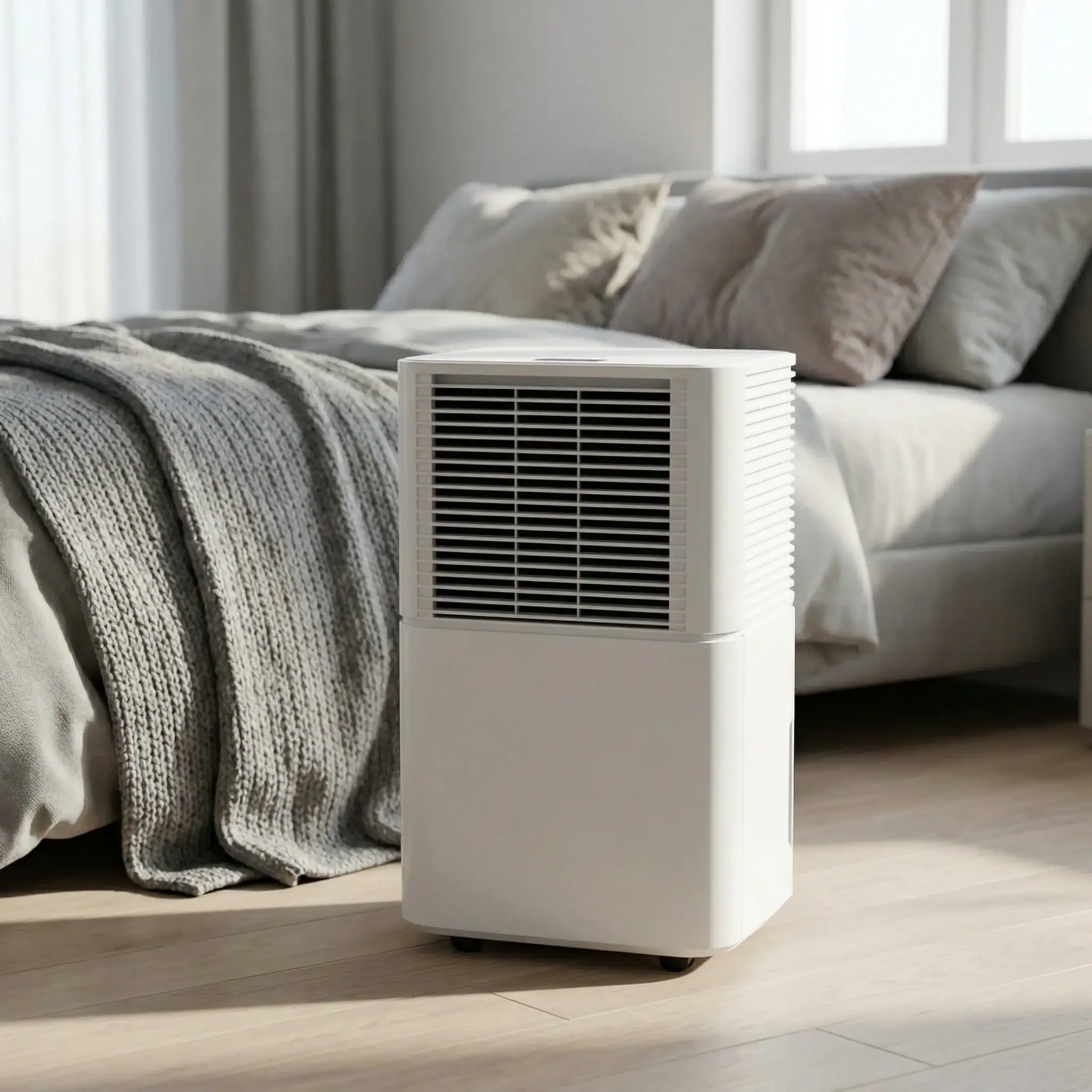 Compact Domestic Dehumidifier Hire London | 20L 230V for Homes & Flats 2 White compact domestic dehumidifier running in a bedroom to reduce humidity and prevent damp