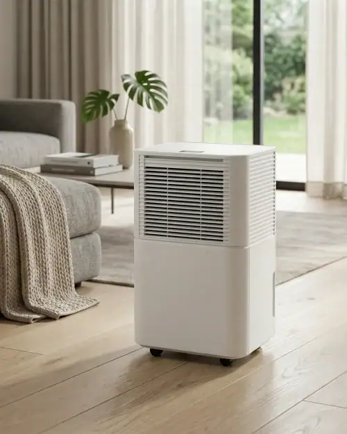 Compact 20L domestic dehumidifier hire in a modern living room for home and flat moisture control