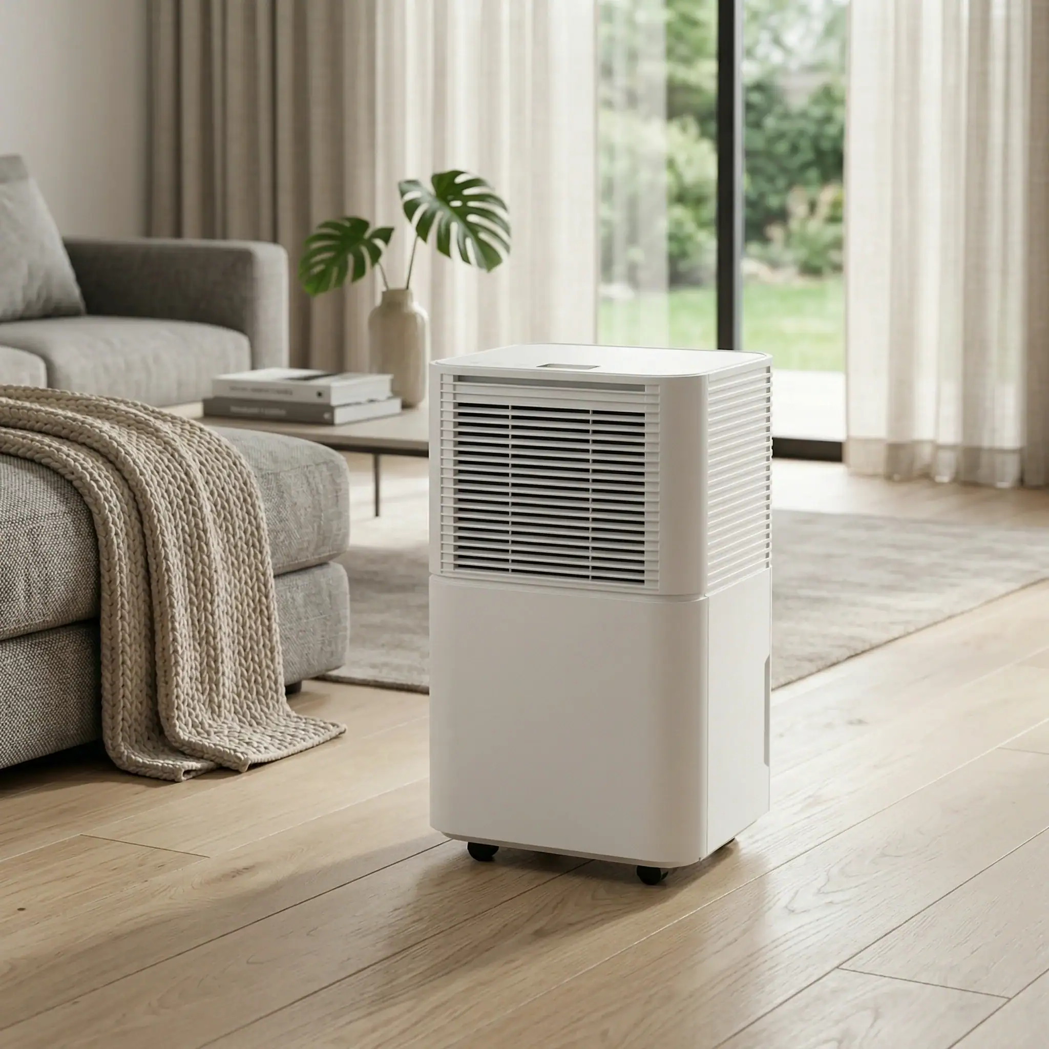 Compact Domestic Dehumidifier Hire London | 20L 230V for Homes & Flats 1 Compact 20L domestic dehumidifier hire in a modern living room for home and flat moisture control