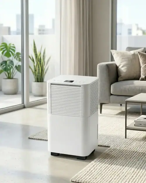 Compact Domestic Dehumidifier Hire London | 20L 230V for Homes & Flats 12 Portable 20L dehumidifier for home hire standing in a bright living room next to sofa and window