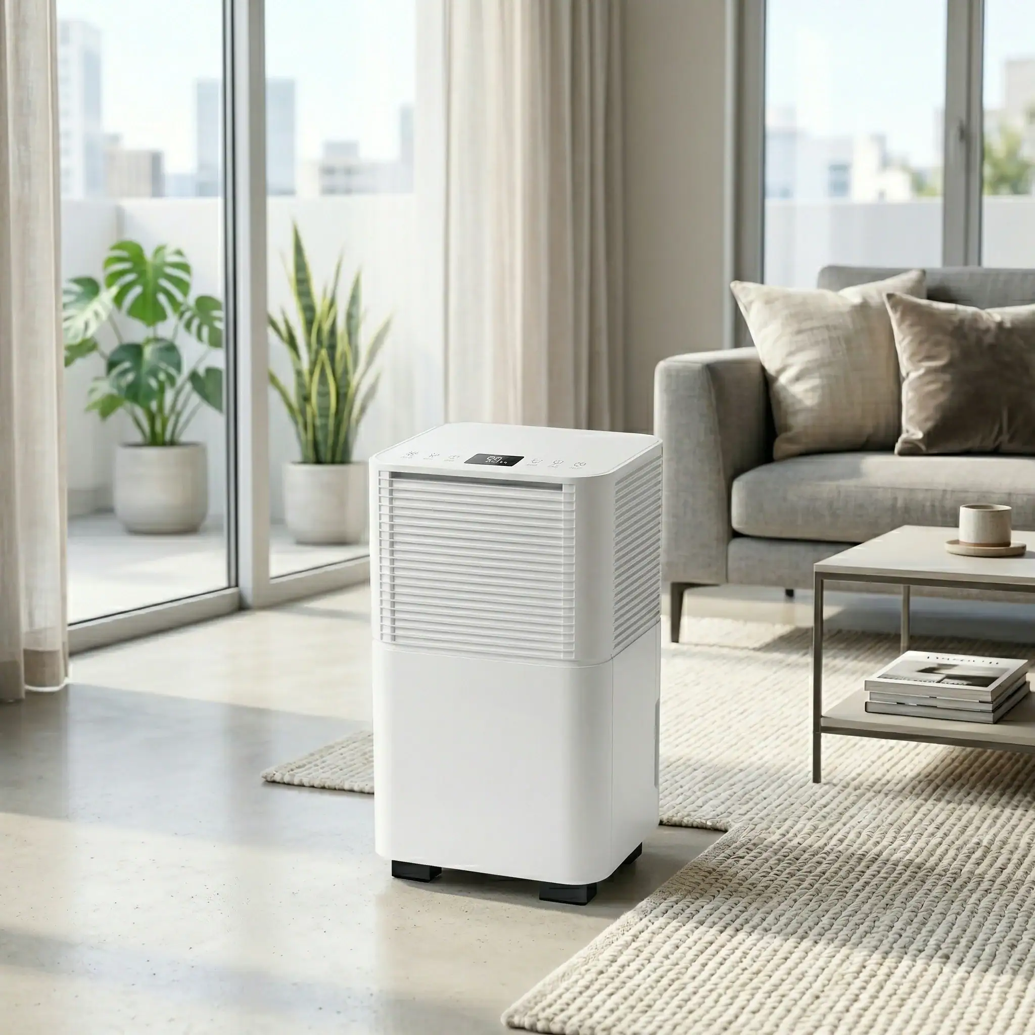 Compact Domestic Dehumidifier Hire London | 20L 230V for Homes & Flats 4 Portable 20L dehumidifier for home hire standing in a bright living room next to sofa and window