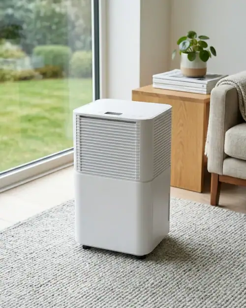 Compact Domestic Dehumidifier Hire London | 20L 230V for Homes & Flats 13 Compact 20L dehumidifier for home hire standing near window in bright living room with sofa and plant