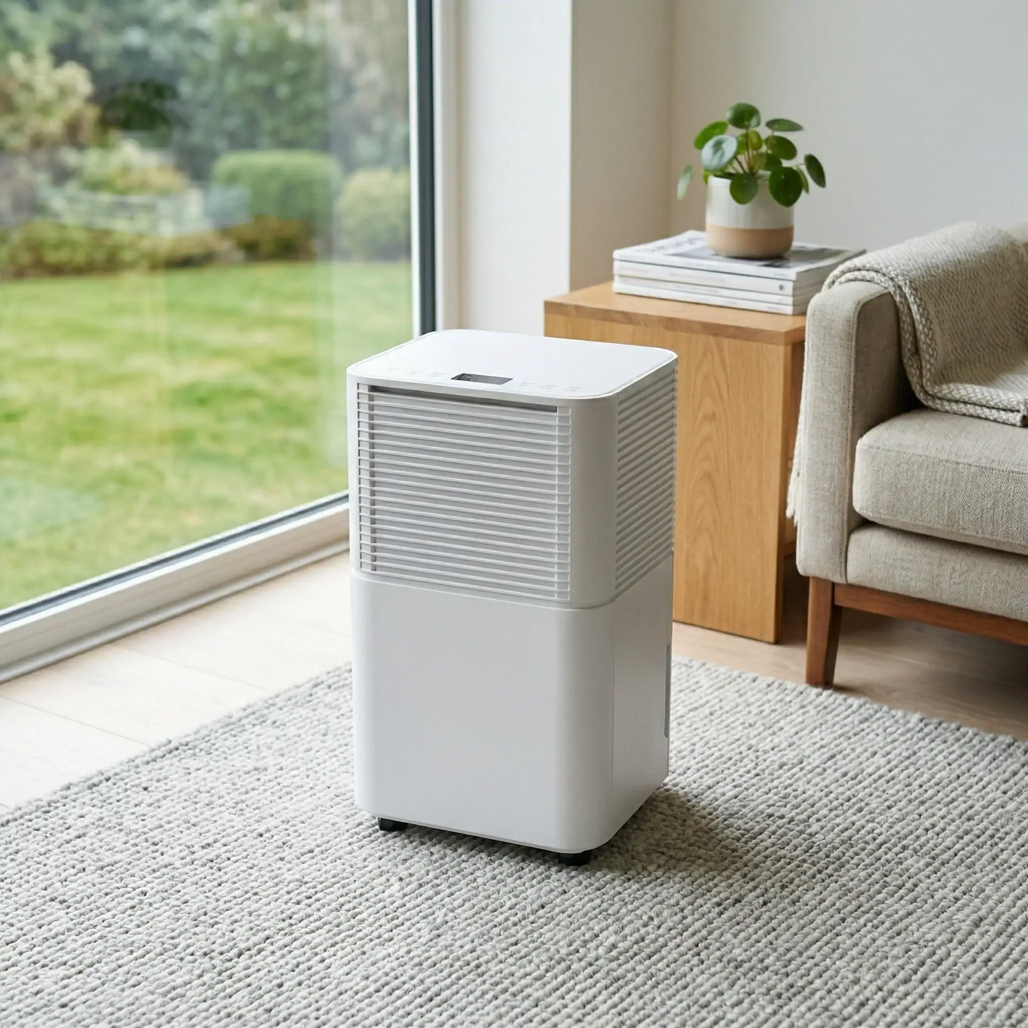Compact Domestic Dehumidifier Hire London | 20L 230V for Homes & Flats 5 Compact 20L dehumidifier for home hire standing near window in bright living room with sofa and plant