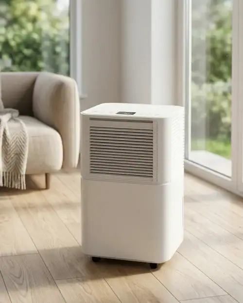Compact Domestic Dehumidifier Hire London | 20L 230V for Homes & Flats 14 White portable 20L dehumidifier on wooden floor in bright room with large windows and curtains