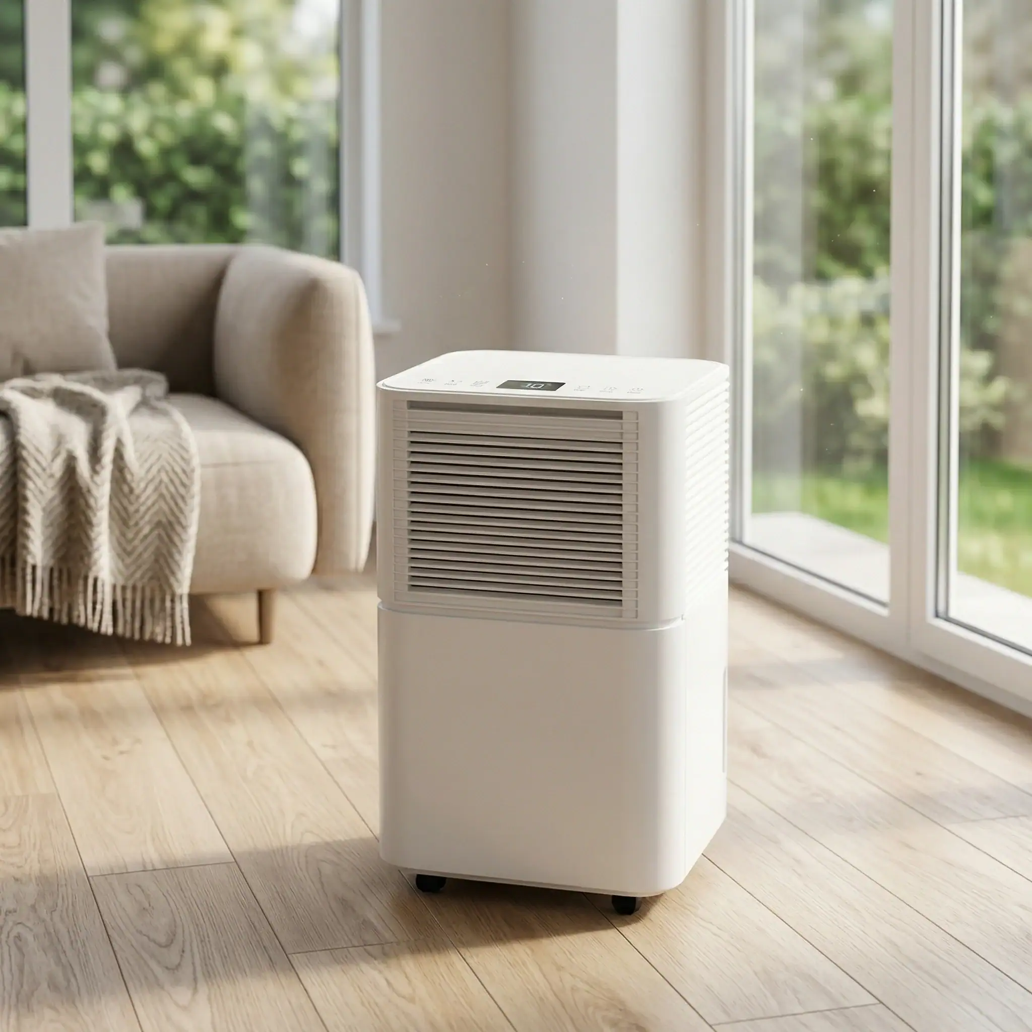 Compact Domestic Dehumidifier Hire London | 20L 230V for Homes & Flats 6 White portable 20L dehumidifier on wooden floor in bright room with large windows and curtains