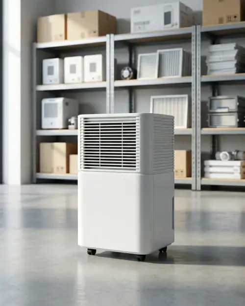 Compact Domestic Dehumidifier Hire London | 20L 230V for Homes & Flats 15 Compact domestic dehumidifier hire unit in a utility storage room with shelving and boxes