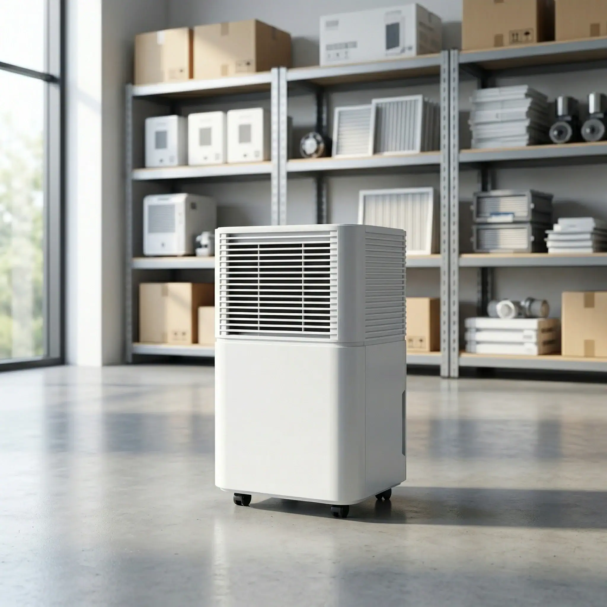 Compact Domestic Dehumidifier Hire London | 20L 230V for Homes & Flats 7 Compact domestic dehumidifier hire unit in a utility storage room with shelving and boxes