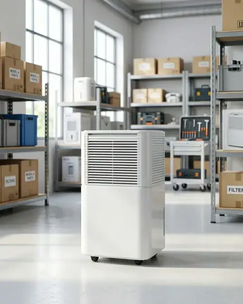 Compact Domestic Dehumidifier Hire London | 20L 230V for Homes & Flats 16 Portable 20L compact dehumidifier in a warehouse setting with parts shelving and storage boxes