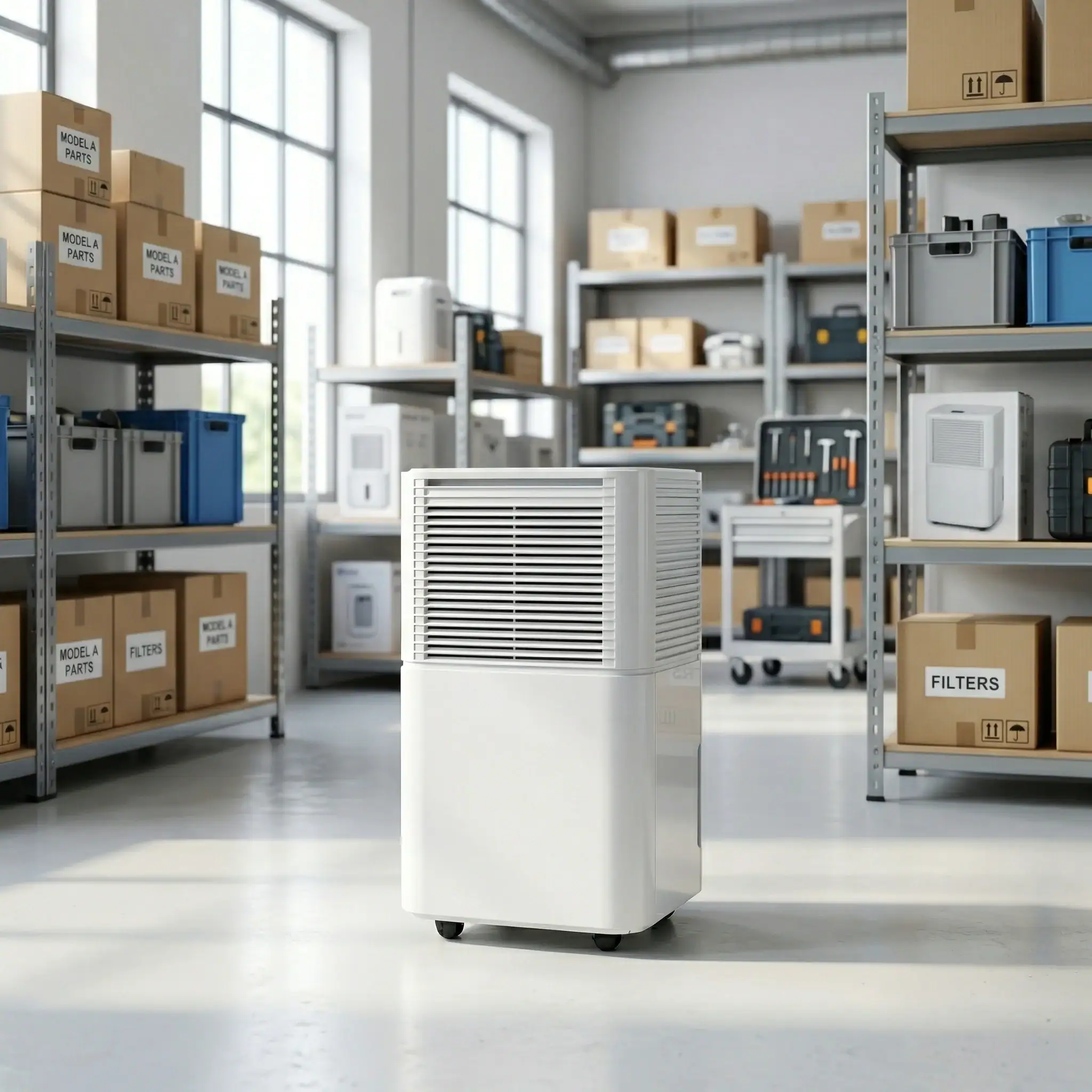 Compact Domestic Dehumidifier Hire London | 20L 230V for Homes & Flats 8 Portable 20L compact dehumidifier in a warehouse setting with parts shelving and storage boxes