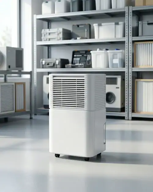 Compact Domestic Dehumidifier Hire London | 20L 230V for Homes & Flats 17 Compact 20L dehumidifier for hire in equipment warehouse with metal shelving and spare parts storage