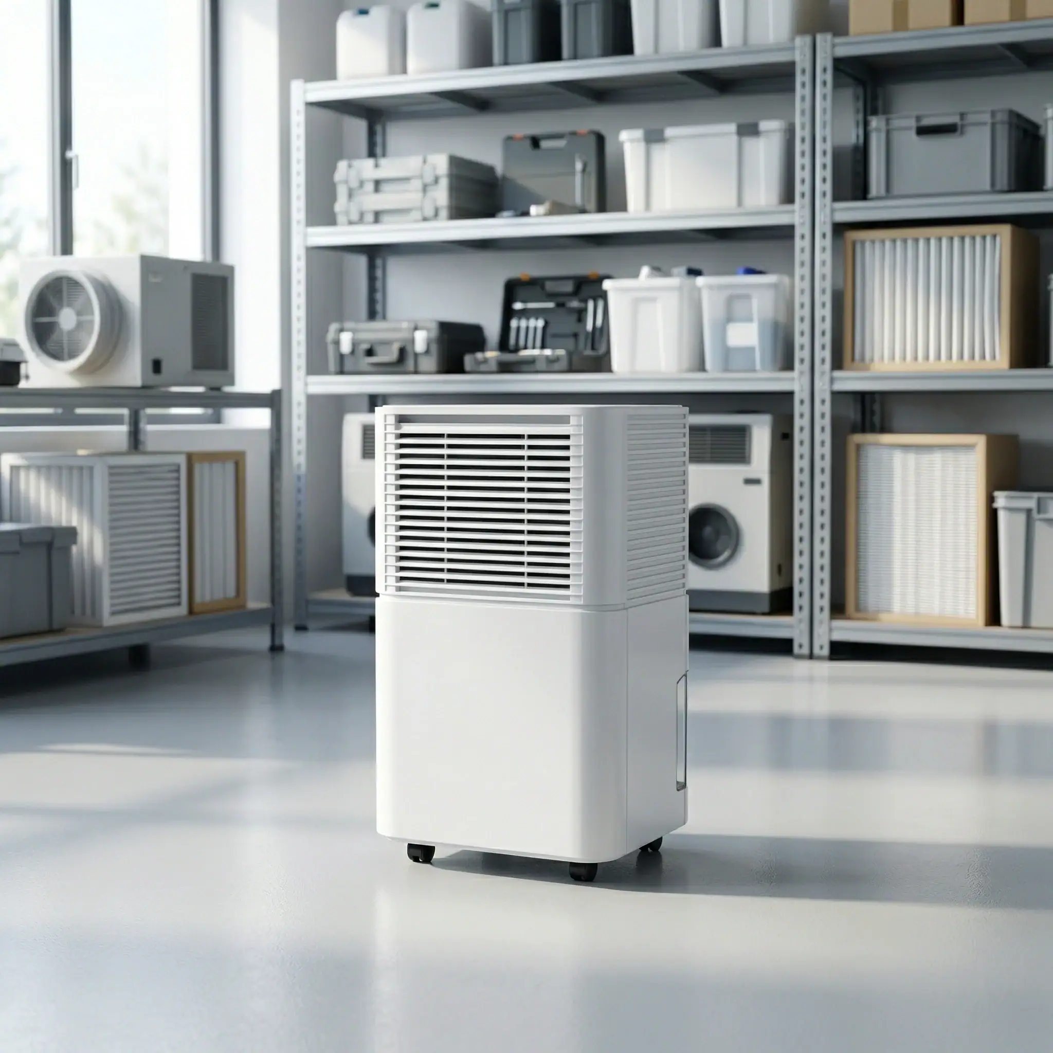Compact Domestic Dehumidifier Hire London | 20L 230V for Homes & Flats 9 Compact 20L dehumidifier for hire in equipment warehouse with metal shelving and spare parts storage