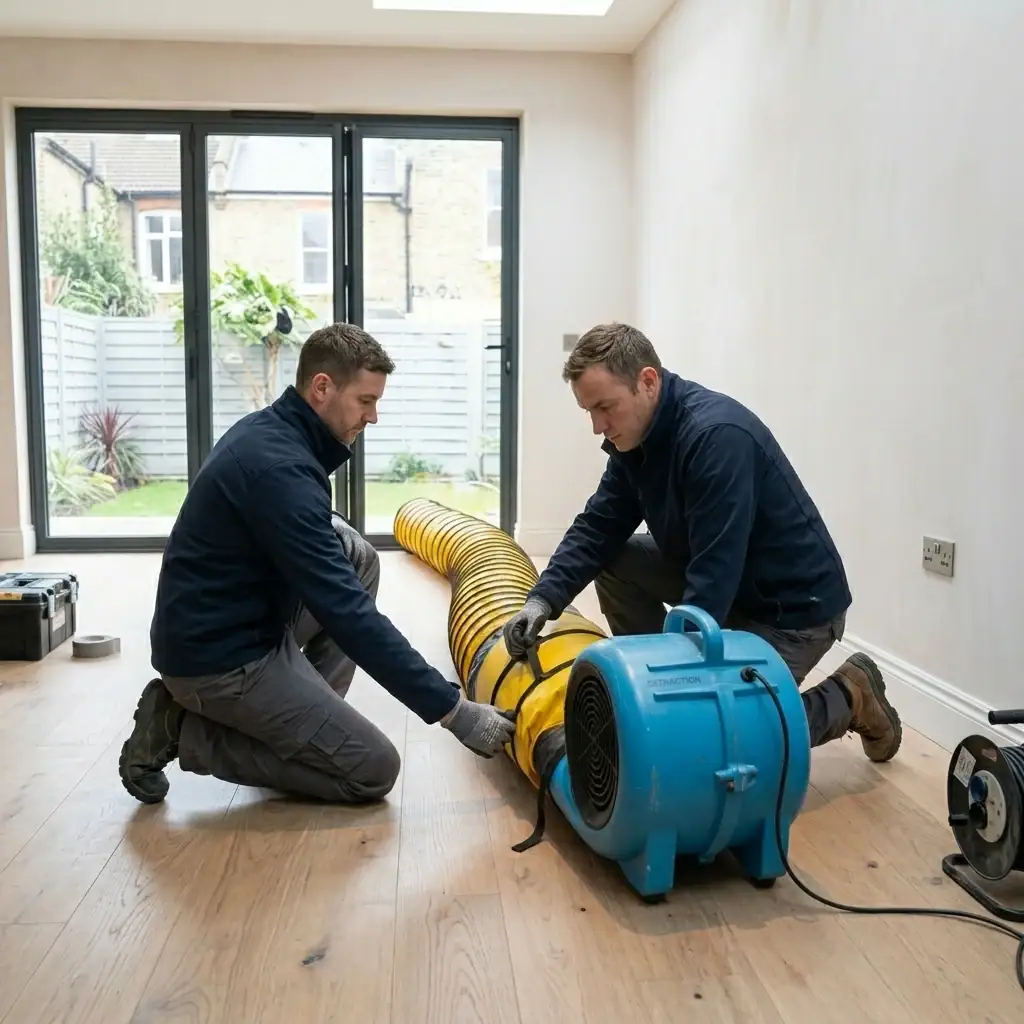 Air Mover Hire – Carpet & Floor Dryer (240V) 3 Air mover hire London – two operatives setting up ducting hose with air mover on residential floor