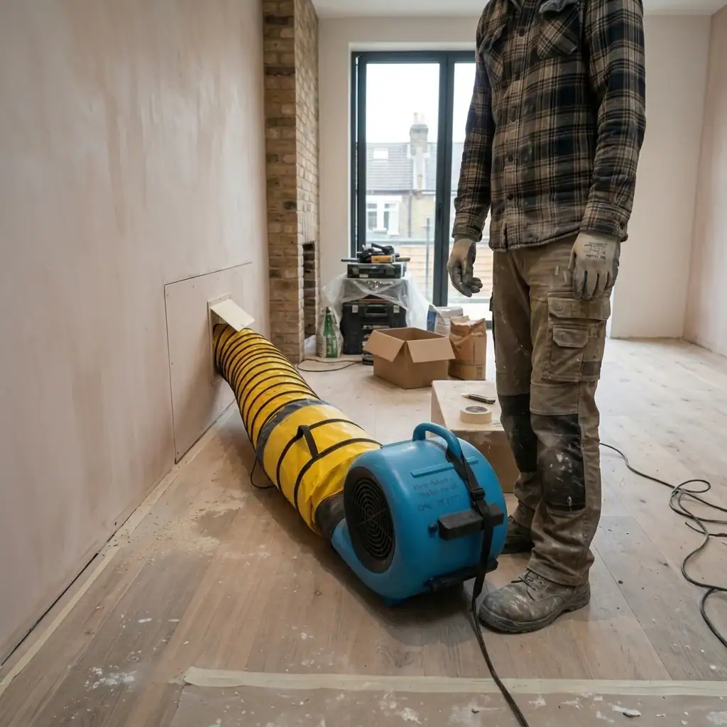 Air Mover Hire – Carpet & Floor Dryer (240V) 8 Professional air mover hire London – air mover with ducting hose for high-velocity plaster drying infographic