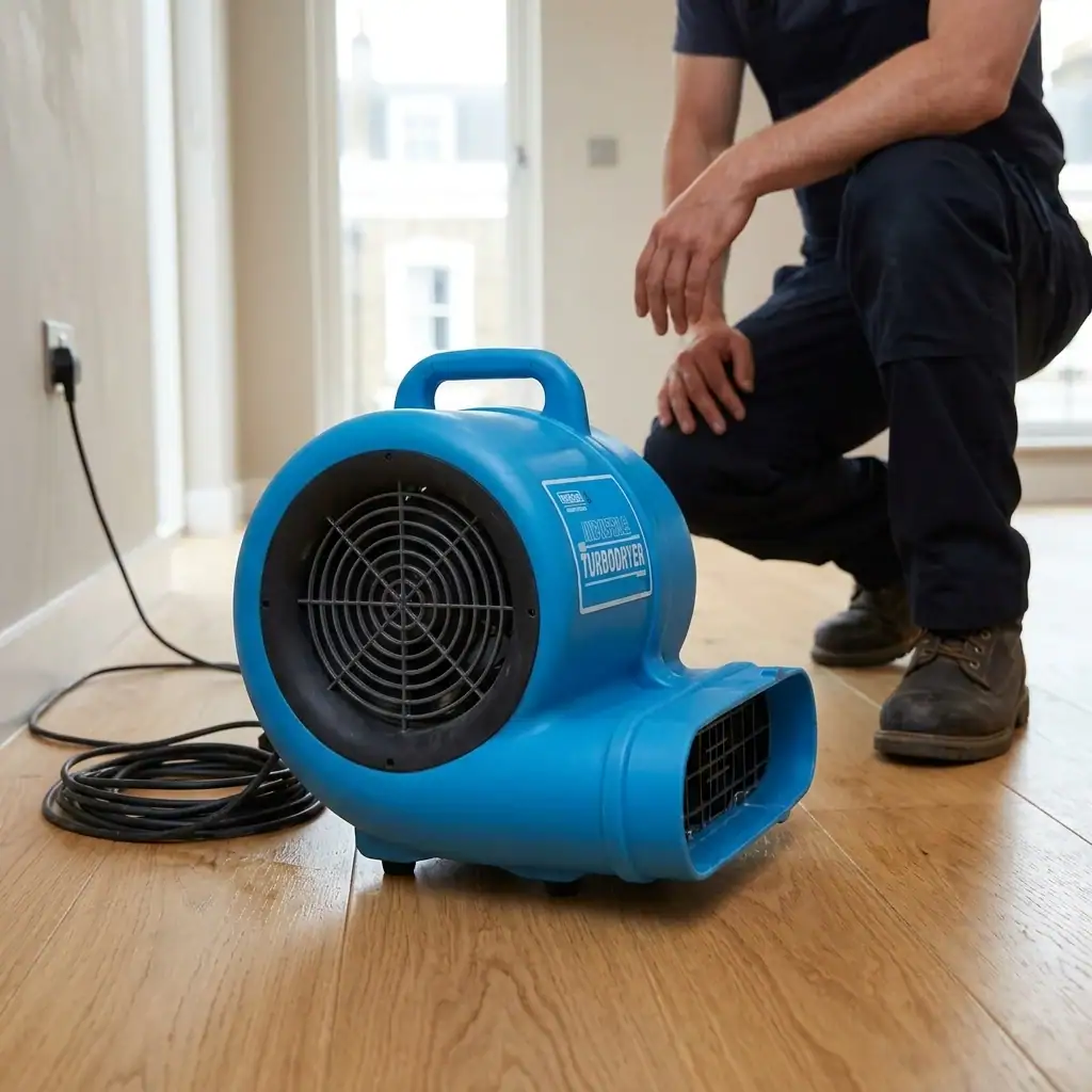 Air Mover Hire – Carpet & Floor Dryer (240V) 6 Air mover hire London – air mover unit on hardwood floor plugged into mains wall socket