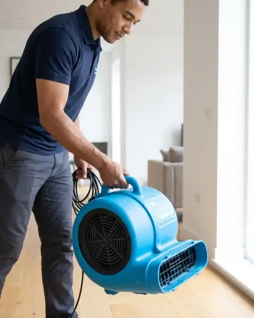 Air Mover Hire – Carpet & Floor Dryer (240V) 15 Air mover hire London – operative carrying air mover unit by handle across open plan space