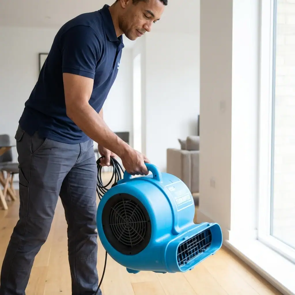 Air Mover Hire – Carpet & Floor Dryer (240V) 7 Air mover hire London – operative carrying air mover unit by handle across open plan space