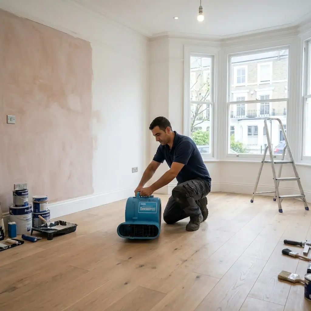 Air Mover Hire – Carpet & Floor Dryer (240V) 4 Air mover hire London – operative positioning air mover on floor of freshly plastered Victorian terrace room