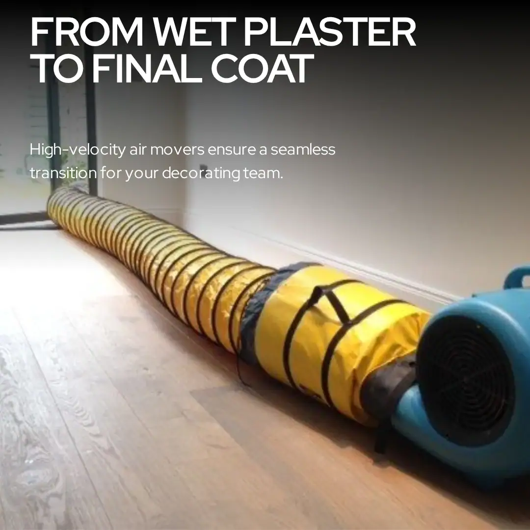 Air Mover Hire – Carpet & Floor Dryer (240V) 9 Air mover hire London – ducting hose from air mover directed into wall cavity on active construction site