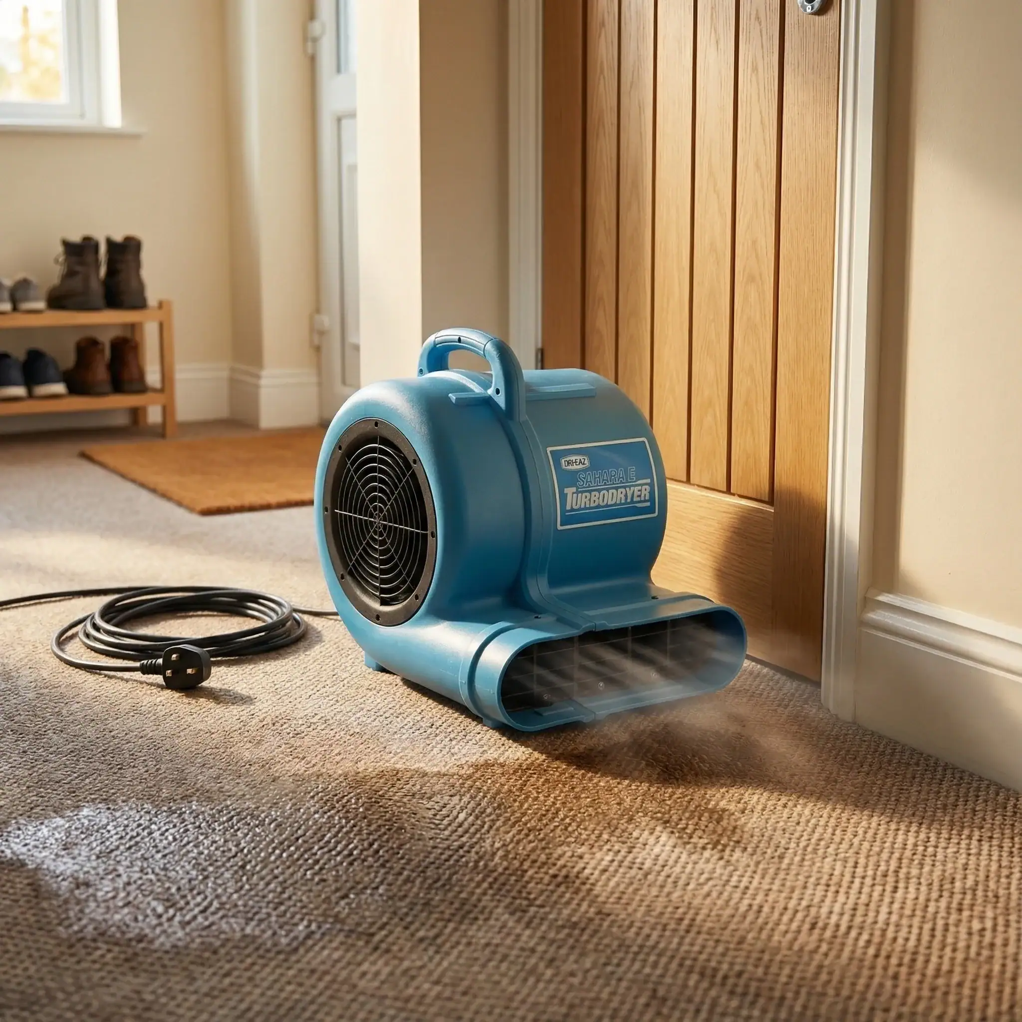 Air Mover Hire – Carpet & Floor Dryer (240V) 5 Carpet dryer hire London – air mover blowing air across wet hallway carpet after cleaning or flood damage
