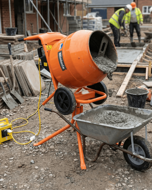 Compact Belle Minimix 150 electric cement mixer 90L with 110V transformer on studio background - Concrete Mixer Hire London