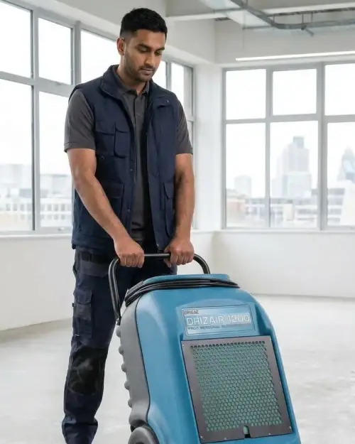 55L Industrial Dehumidifier Hire London | Dri-Eaz DrizAir 1200 (230V) 15 Industrial dehumidifier hire London – Drieaz dehumidifier console controls being operated on construction site