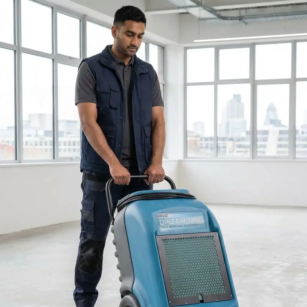 55L Industrial Dehumidifier Hire London | Dri-Eaz DrizAir 1200 (230V) 6 Industrial dehumidifier hire London – Drieaz dehumidifier console controls being operated on construction site