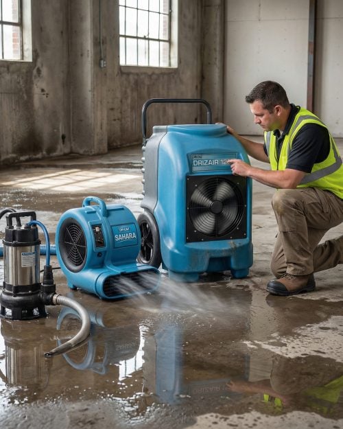 55L Industrial Dehumidifier Hire London | Dri-Eaz DrizAir 1200 (230V) 13 Worker checking Dri-Eaz DrizAir 1200 industrial dehumidifier alongside air mover on construction site