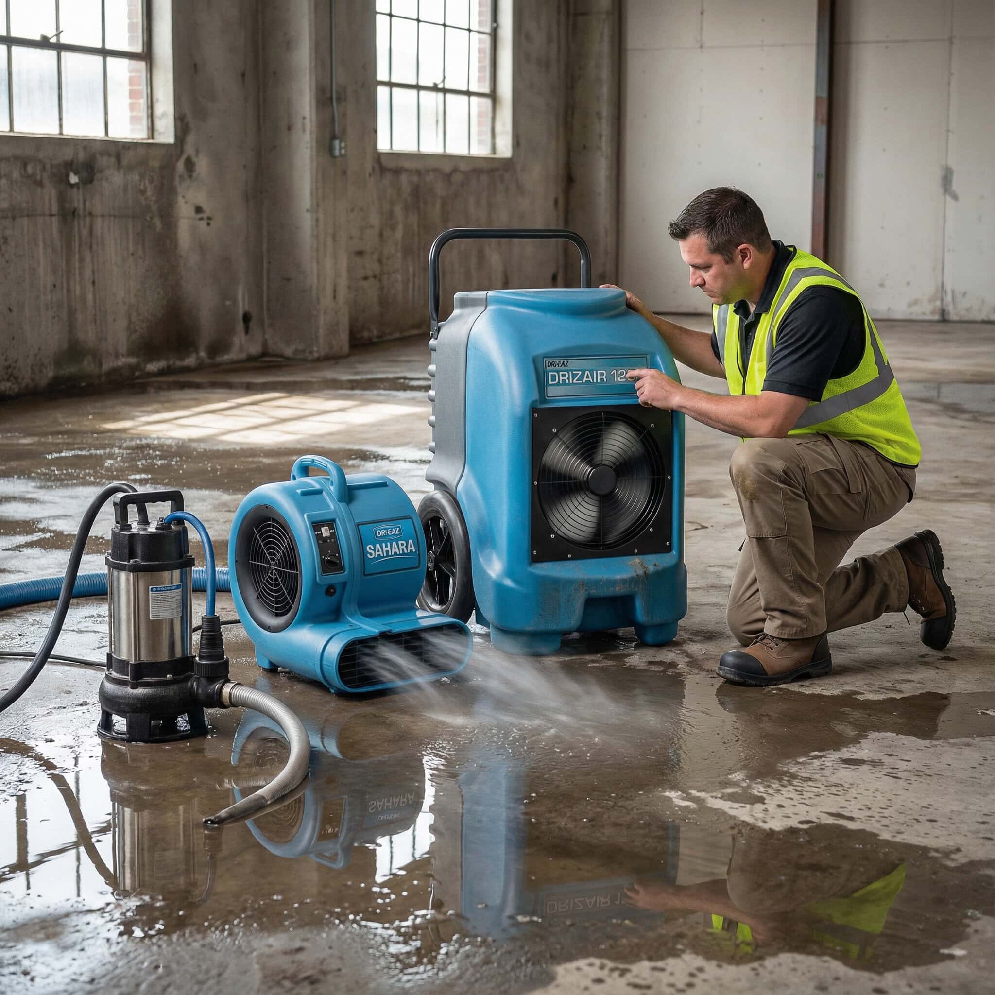 55L Industrial Dehumidifier Hire London | Dri-Eaz DrizAir 1200 (230V) 4 Worker checking Dri-Eaz DrizAir 1200 industrial dehumidifier alongside air mover on construction site