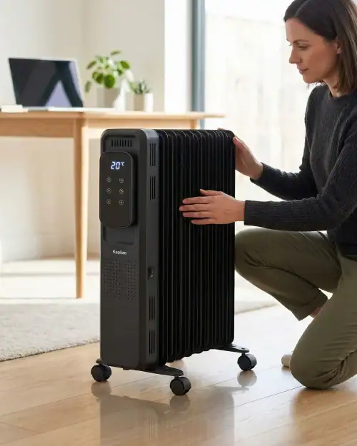 Woman adjusting the thermostat on a 3kW oil filled radiator heater in a warm home office