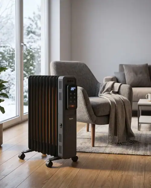 3kW oil filled radiator with digital temperature display set to 20 degrees in a modern home office