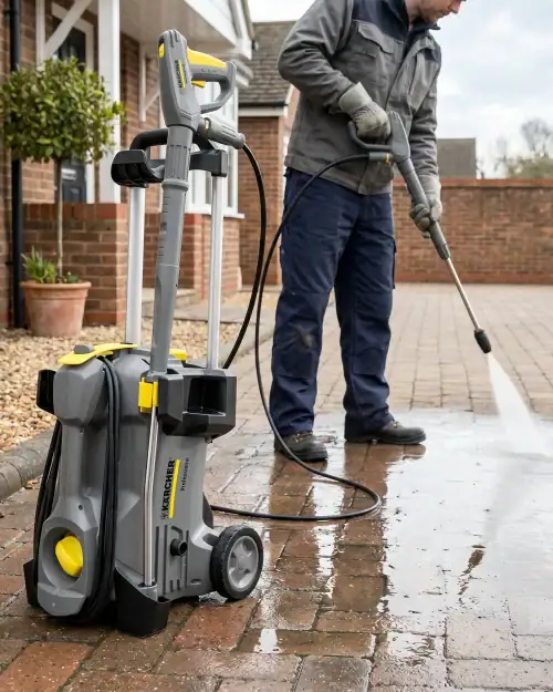 Man using electric pressure washer to jet wash a patio driveway outside a residential property