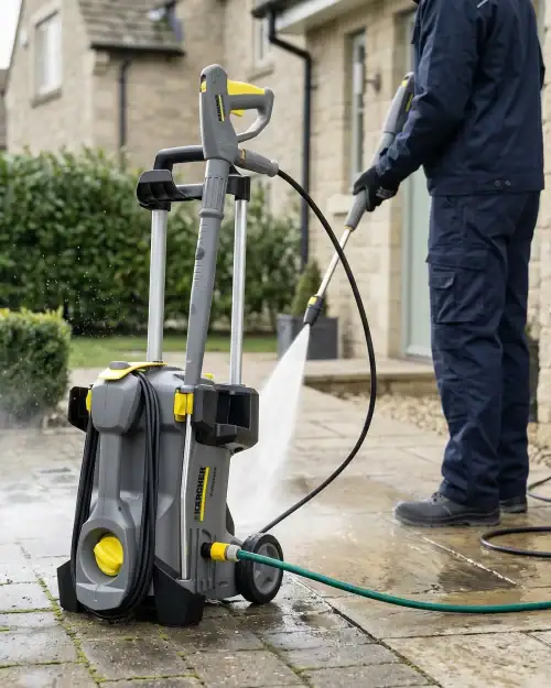 Electric Pressure Washer Hire London | 240V Patio and Driveway Jet Wash 14 Electric 240V pressure washer hire being used for driveway cleaning with high-pressure lance
