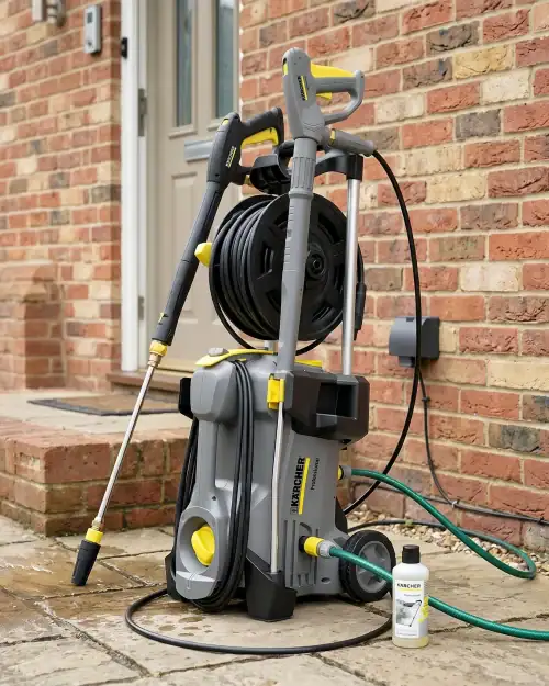 Electric Pressure Washer Hire London | 240V Patio and Driveway Jet Wash 17 Close-up of Karcher electric pressure washer hose reel and lance against a brick wall background