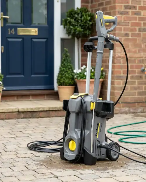 Electric Pressure Washer Hire London | 240V Patio and Driveway Jet Wash 18 Electric pressure washer hire unit positioned outside a house exterior ready for driveway jet washing