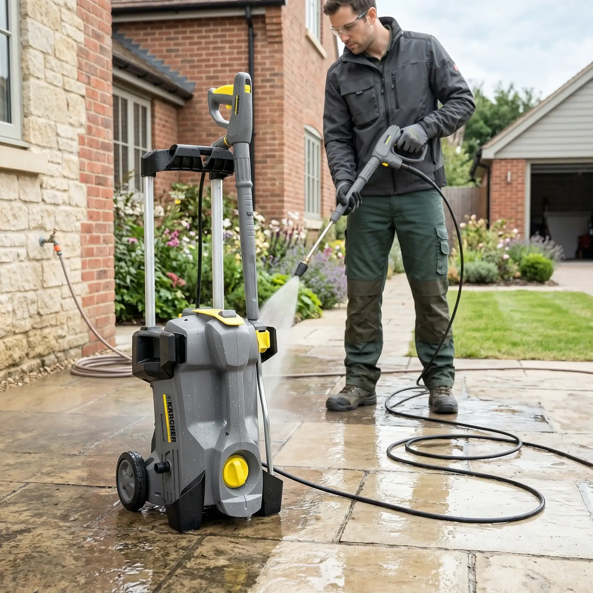 Electric Pressure Washer Hire London | 240V Patio and Driveway Jet Wash 8 Man using a 240V electric pressure washer to clean a driveway outside a residential property