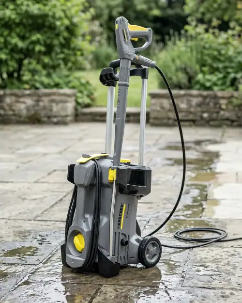 Electric Pressure Washer Hire London | 240V Patio and Driveway Jet Wash 21 Electric patio cleaner pressure washer standing on stone paving with garden greenery in the background