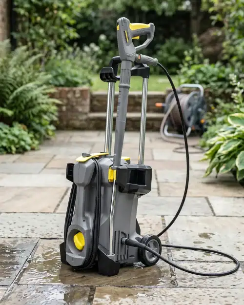 Electric Pressure Washer Hire London | 240V Patio and Driveway Jet Wash 23 Karcher electric jet wash machine on stone paving with high-pressure lance and water hose connected