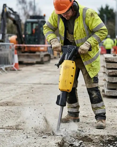 Worker using heavy duty electric road breaker to break asphalt on London roadworks site with construction crew in background