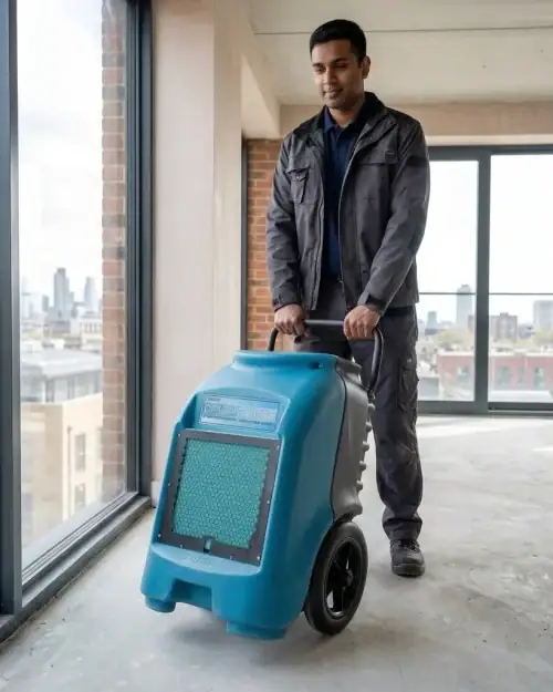 55L Industrial Dehumidifier Hire London | Dri-Eaz DrizAir 1200 (230V) 12 High capacity industrial dehumidifier hire London – operative wheeling Drieaz unit on construction site with London skyline