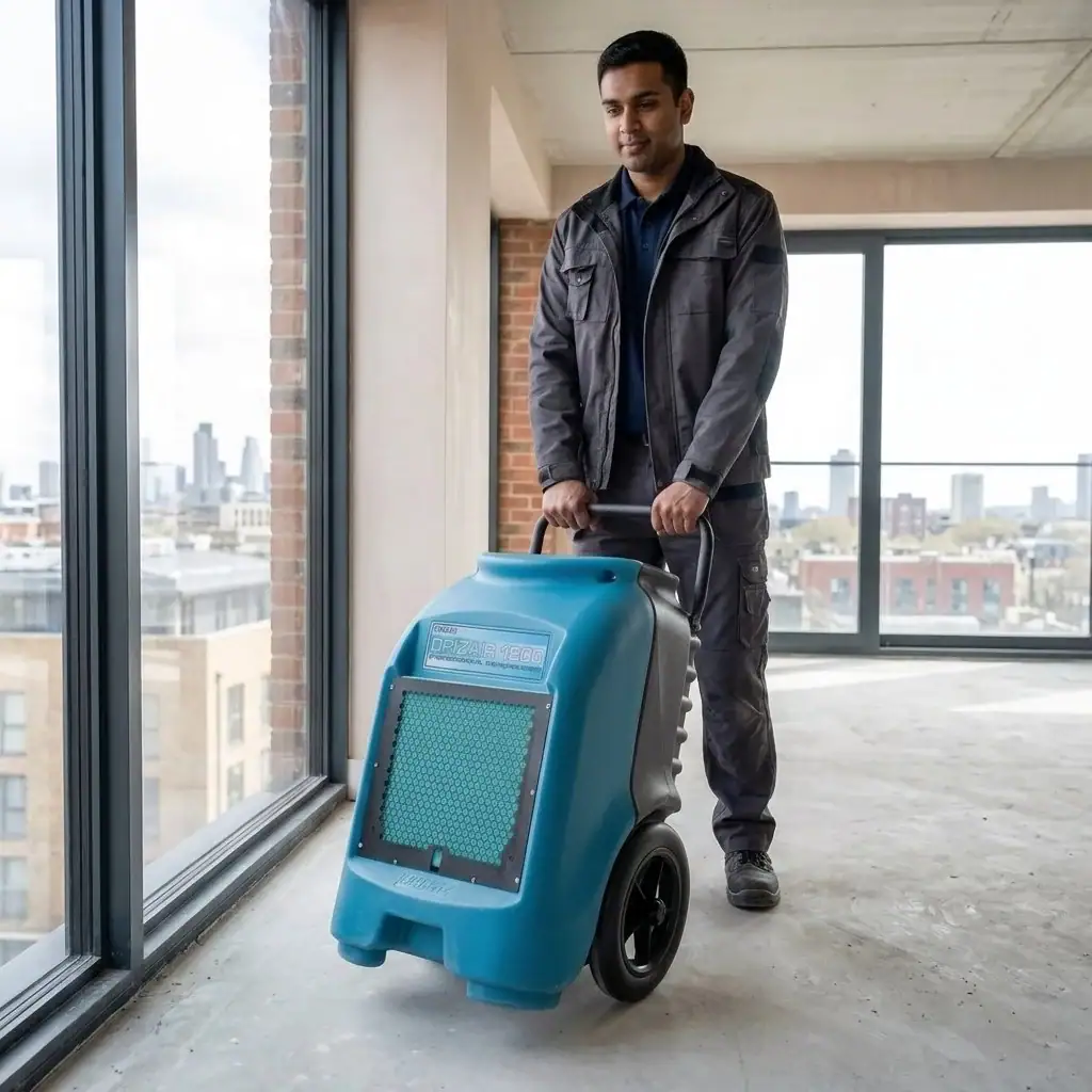 55L Industrial Dehumidifier Hire London | Dri-Eaz DrizAir 1200 (230V) 3 High capacity industrial dehumidifier hire London – operative wheeling Drieaz unit on construction site with London skyline