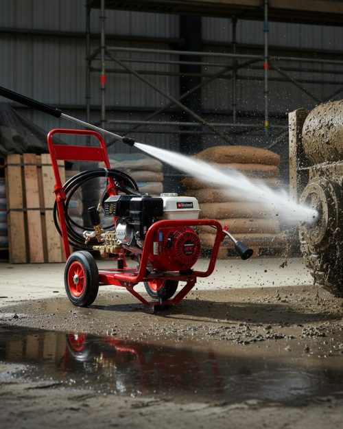 Petrol Pressure Washer Hire London | Heavy Duty 2450 PSI Jet Wash — No Mains Power Needed 13 Petrol pressure washer hire in action on a construction site spraying high-pressure water for heavy duty cleaning