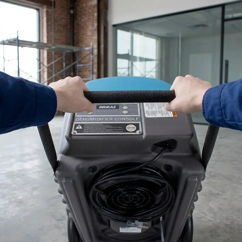 55L Industrial Dehumidifier Hire London | Dri-Eaz DrizAir 1200 (230V) 5 Industrial dehumidifier hire London – Hireload operative in hi-vis wheeling Drieaz unit in commercial warehouse