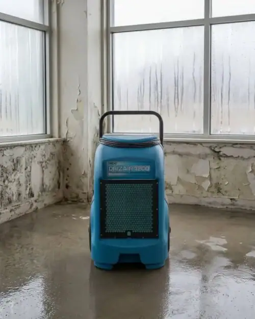 Drieaz 1200 industrial dehumidifier hire London – operative wheeling unit across large commercial space with London skyline
