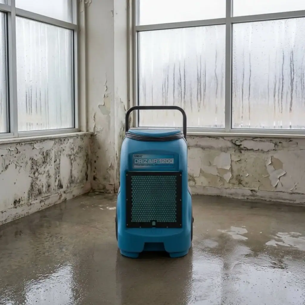 55L Industrial Dehumidifier Hire London | Dri-Eaz DrizAir 1200 (230V) 1 Drieaz 1200 industrial dehumidifier hire London – operative wheeling unit across large commercial space with London skyline