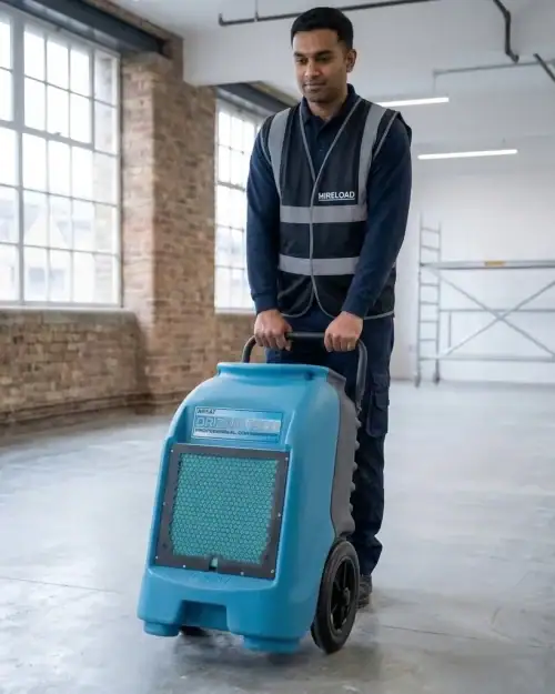 55L Industrial Dehumidifier Hire London | Dri-Eaz DrizAir 1200 (230V) 18 Industrial dehumidifier hire London – Drieaz 1200 running in severely damp flooded room with condensation on windows