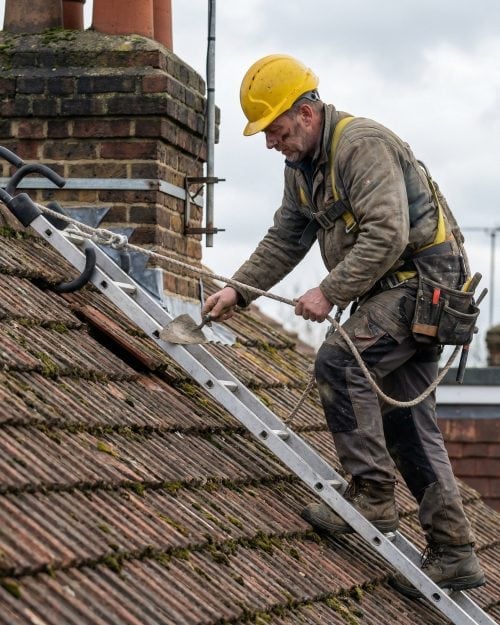 Professional ladder access equipment used safely on a commercial site with proper setup and safety measures. - Roof Ladder Hire